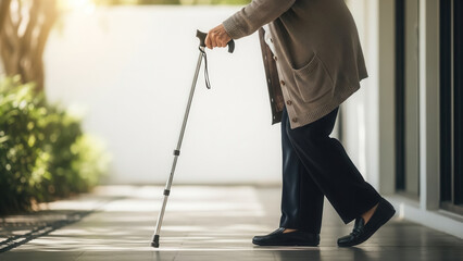Elderly person walking with cane in quiet walkway, mobility aid and support in senior healthcare