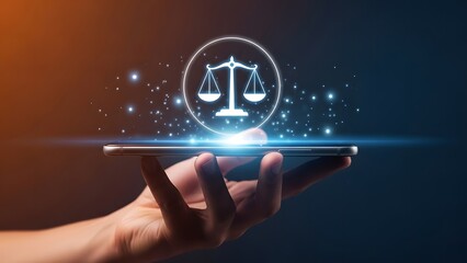A hand holding a smartphone with a glowing scale icon on the screen representing justice and law