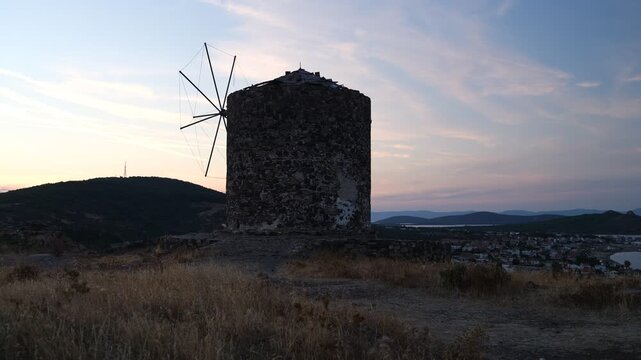 Balıkesir, T&uuml;rkiye. Cunda's historic traditional windmills. 4k video 	