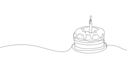One line drawing of birthday cake with candle. Continuous line drawing of layered pastry, sweet dessert icon with empty space for text. Vector doodle Illustration