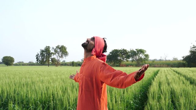 happy indian farmer standing at green wheat field
