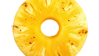 Overhead shot of a ripe pineapple ring against a solid black background