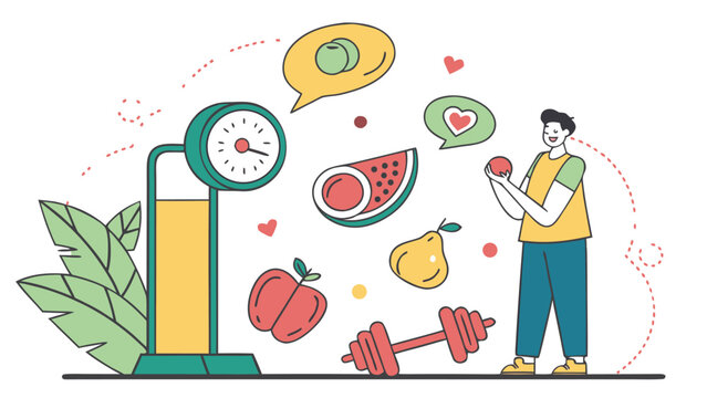 This vector illustration depicts a concept of a healthy lifestyle and weight management utilizing design elements to promote wellness and balance