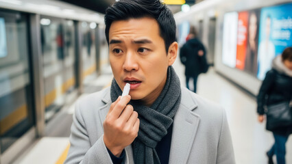 Asian man applying lip balm on metro platform, winter skincare and commuter lifestyle