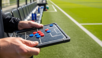 Coach hands holding tactics board on soccer sideline, sports strategy and team planning in daylight