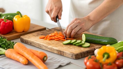 Fresh vegetable preparation on a wooden cutting board