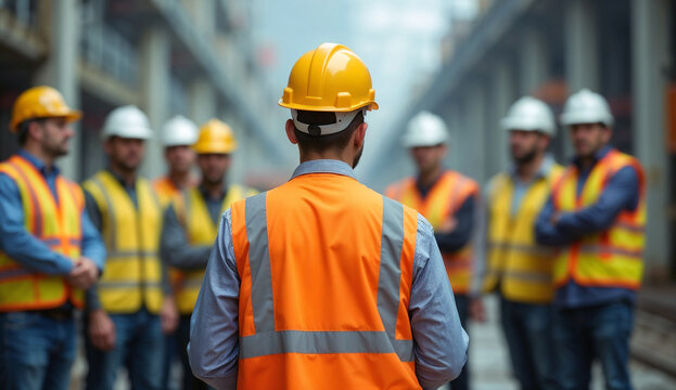 Construction supervisor briefing to a group of workers in an industrial setting.