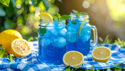Refreshing blue lemonade with lemon slices and mint on a checkered cloth outdoors