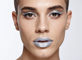 Artistic close-up portrait of a non-binary model with striking icy silver metallic makeup, frosted eyelids and glossy lips on a clean white background.
