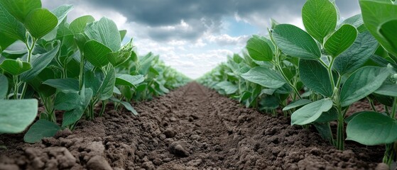 Large green soybean field with rows of plants under cloudy sky in daytime, showcasing detailed close-up of leaves and soil