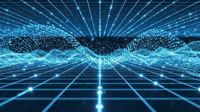 A futuristic blue grid with glowing dots extends into the distance, with abstract data waves flowing across it.