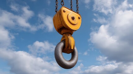 A heavy yellow crane hook hangs suspended in the bright blue sky against a backdrop of fluffy white clouds