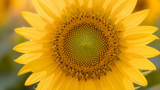 Macro shot of a sunflower with a golden Fibonacci spiral pattern in the center