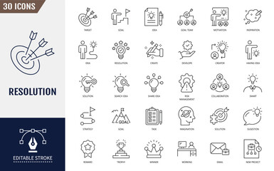Resolution icon set. Goal, target, purpose, strategy, planning and more. Editable stroke. Vector illustration