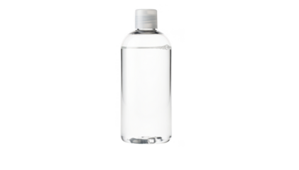 Isolated bottle of medicated scalp shampoo with transparent liquid placed on a clean white background showcasing product clarity and medicinal purpose.