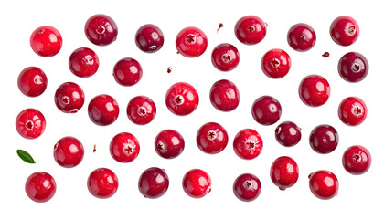 Overhead shot of numerous ripe, red cranberries scattered against a plain, black background