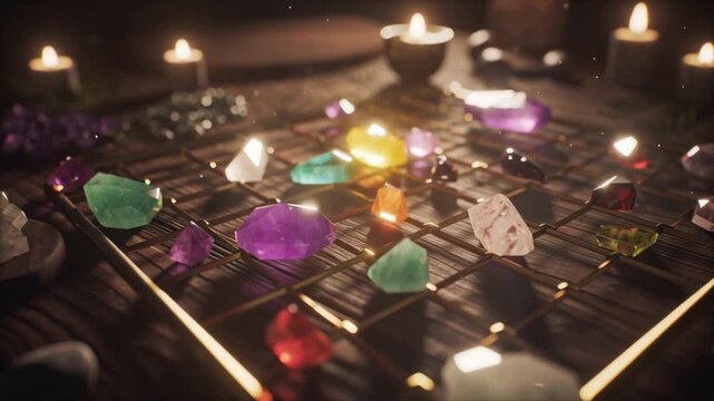 4K cinematic stock video, top-down view crystal grid rustic wooden table, various gemstones amethyst, rose quartz, citrine, clear quartz, glowing mystical energy along grid lines, particles floating