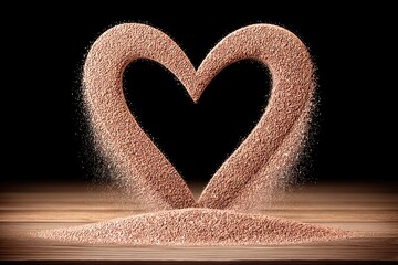 Heart shape formed from fine sand grains on dark surface, editable minimal image suitable for romantic design, emotional concepts and creative layouts
