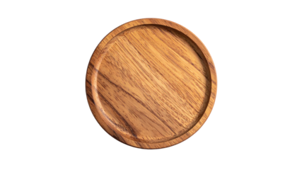 Overhead studio shot of a circular wooden platter, isolated on black background