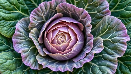 Obraz premium The image depicts a close up of a large, ornate cabbage with tightly layered leaves forming a rosette pattern