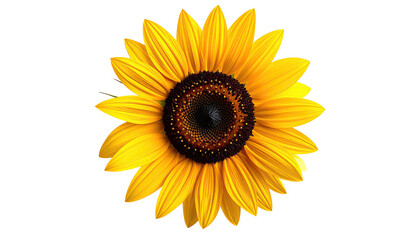 Naklejka premium Overhead vibrant sunflower with yellow petals and dark brown center, isolated on a black background
