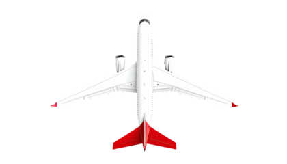 Overhead view of a commercial jet aircraft with a white fuselage and red tail accents, on a black background