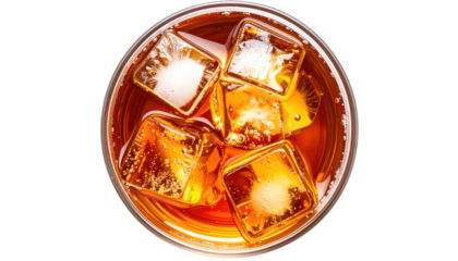 Overhead view of a circular glass filled with a brown liquid and ice cubes