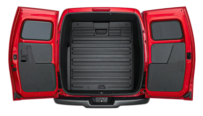 Overhead view of a red cargo vehicle with open doors, revealing the interior bed