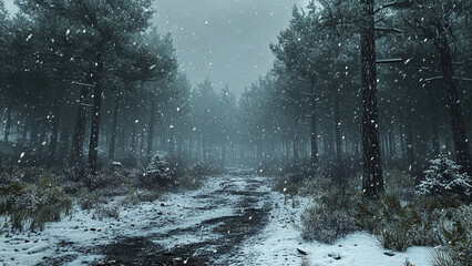 Fototapeta premium snowfall in the spruce forest trees background, winter, fir, pine 