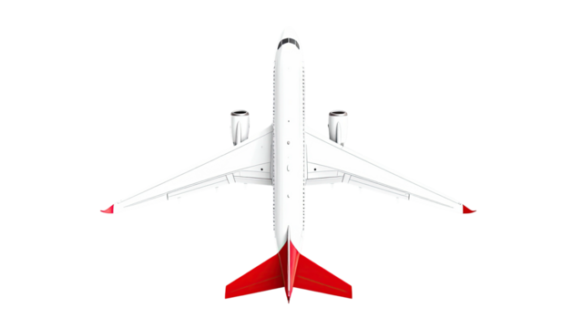 Overhead view of a commercial jet aircraft with a white fuselage and red tail accents, on a black background - Powered by Adobe
