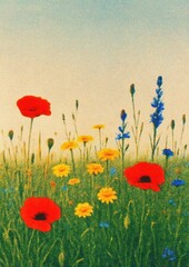 Fototapeta premium Vibrant wildflowers under clear sky.