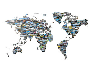 Fototapeta premium World map composed of a mosaic of travel photographs showing diverse landscapes and cultures