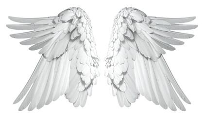 Pair of delicate white wings, intricately detailed against a transparent backdrop, symmetrical in design