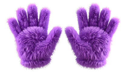 Pair of fluffy, purple gloves with visible fingers, isolated on a black background