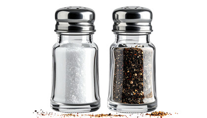 Pair of glass salt and pepper shakers with metal tops, holding salt and peppercorns