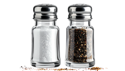 Pair of glass salt and pepper shakers with metal tops, holding salt and peppercorns