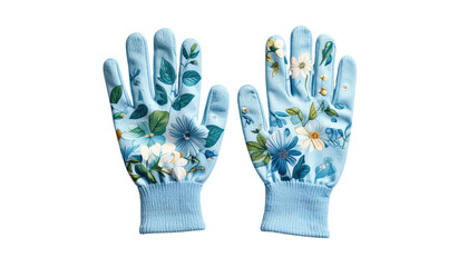 Pair of light blue garden gloves, floral design, isolated on black background, full view