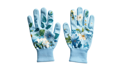 Pair of light blue garden gloves, floral design, isolated on black background, full view