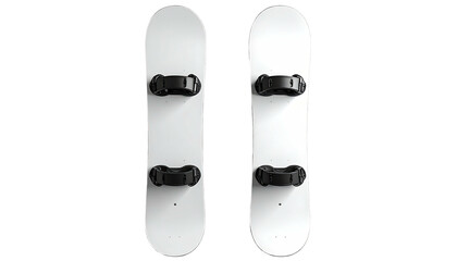 Pair of snowboards with black bindings, arranged symmetrically, on a black background