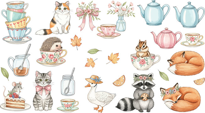 Whimsical woodland creatures and tea party accessories illustration
