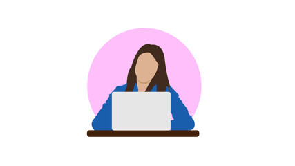 girl in blue dress with laptop-businesswoman working in office illustration 