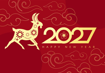 Happy Chinese New Year the Year of the Goat a4 cart template. Asian holiday red and gold banner. Lunar calendar New Year.