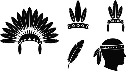 Obraz premium Native American style headdress, war bonnet feathers costume for brave deeds and high respect within a tribe. icons, vector illustration