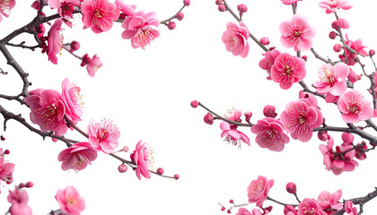 Pink blossoms on black, delicate petals, branches, empty space, nature's beauty