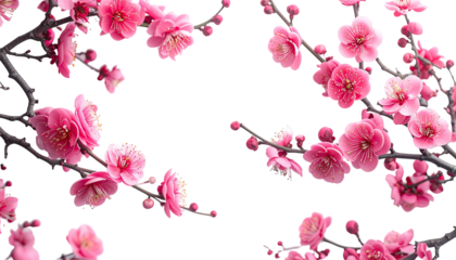 Pink blossoms on black, delicate petals, branches, empty space, nature's beauty