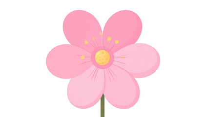 Pink, six-petaled blossom with yellow center and stem, isolated on black background