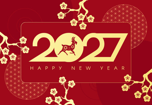 Happy Chinese New Year the Year of the Goat a4 cart template. Asian holiday red and gold banner. Lunar calendar New Year.