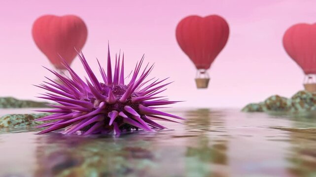 Surreal Landscape with Heart Balloons and Sea Urchin in Dreamy Pink Setting