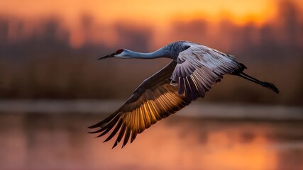 A crane flying low over wetlands during sunset, long wings, warm sky tones