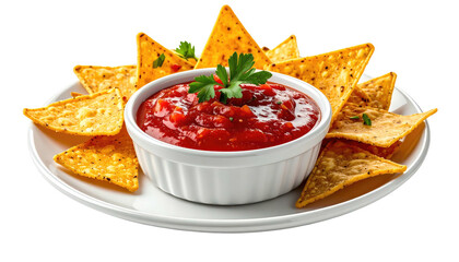 Plate of crispy tortilla chips arranged around a bowl of vibrant red salsa, garnished with parsley
